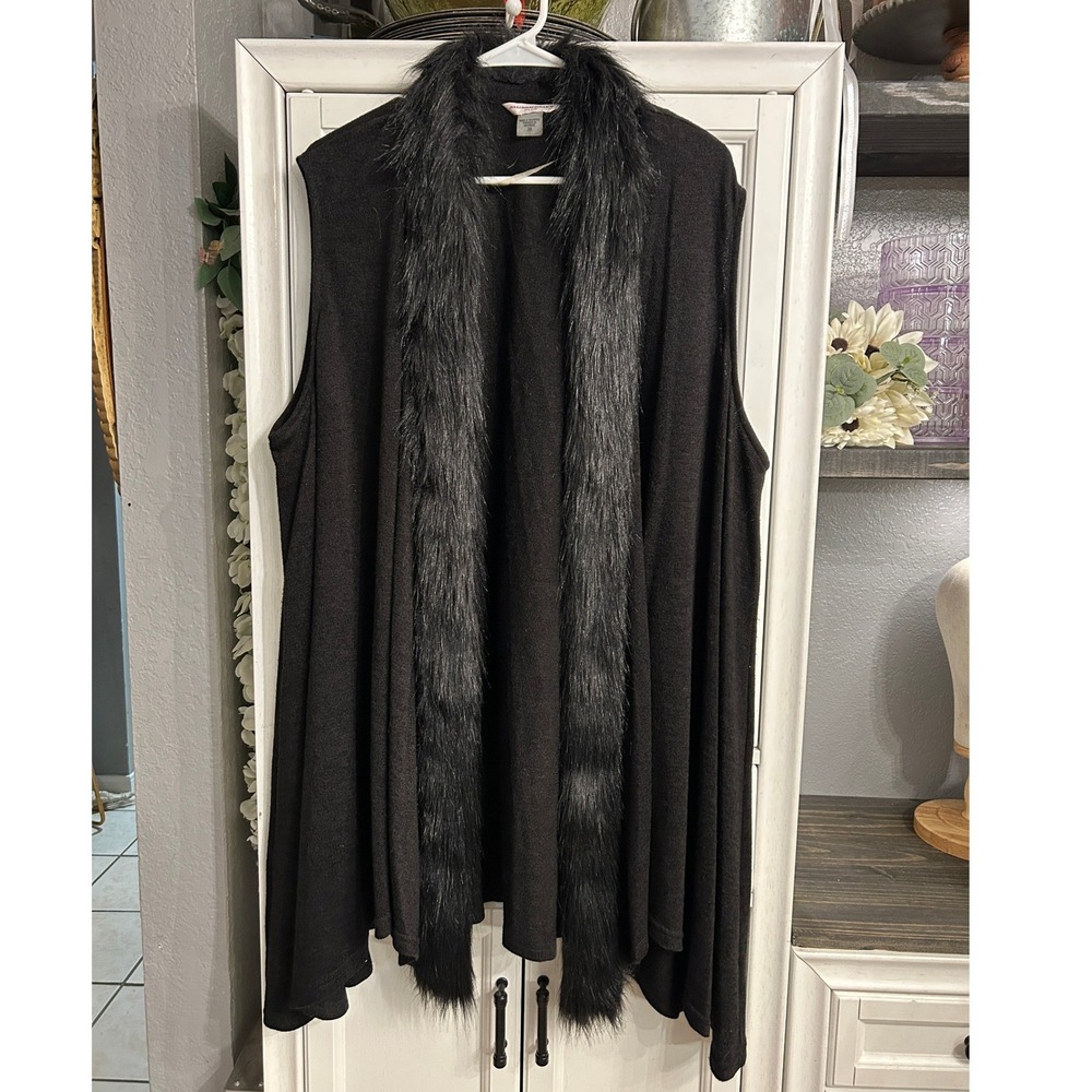 Plus Size Black Faux Fur Trim Open Front Knit Vest 3X Winter Fall Cozy Holiday